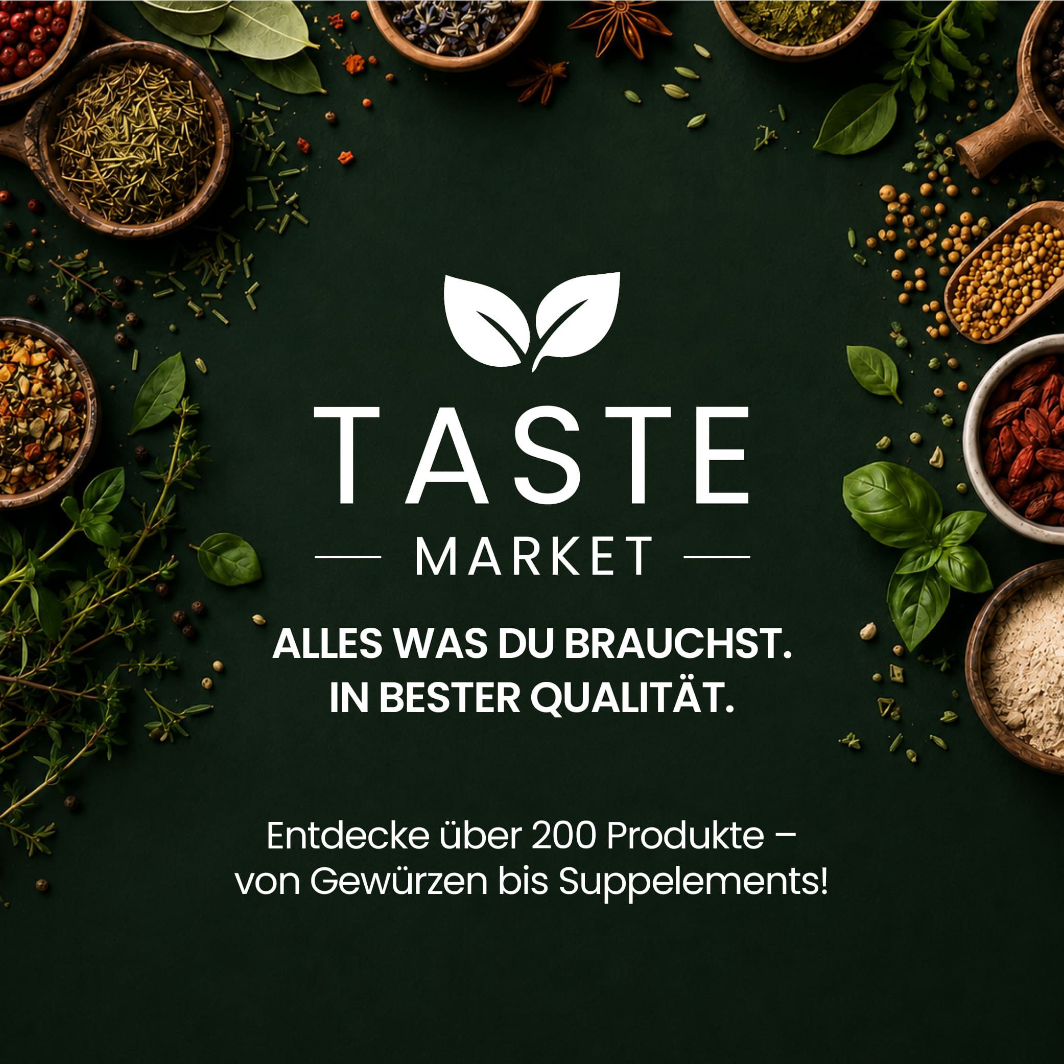 Taste Market Logo umgeben von Gewürzen und Kräutern.