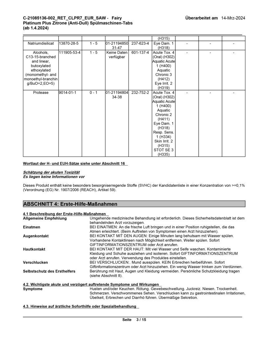 Sicherheitsdatenblatt. Text in Tabellenform mit chemischen Inhaltsstoffen und Gefahrenhinweisen. Enthält Informationen zu Toxizität.
