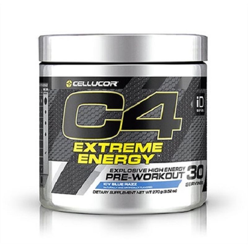 Dose mit dem Produkt Cellucor C4 Extreme Energy. Schwarzer Hintergrund mit gelben und blauen Akzenten. Aufschrift C4, Extreme Energy, 30 Portionen.