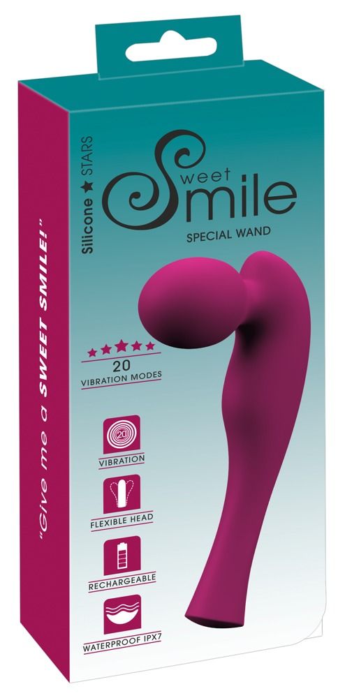 Verpackung für 'Sweet Smile' Massagegerät. Produktabbildung, Logos, Icons für Funktionen und Eigenschaften.