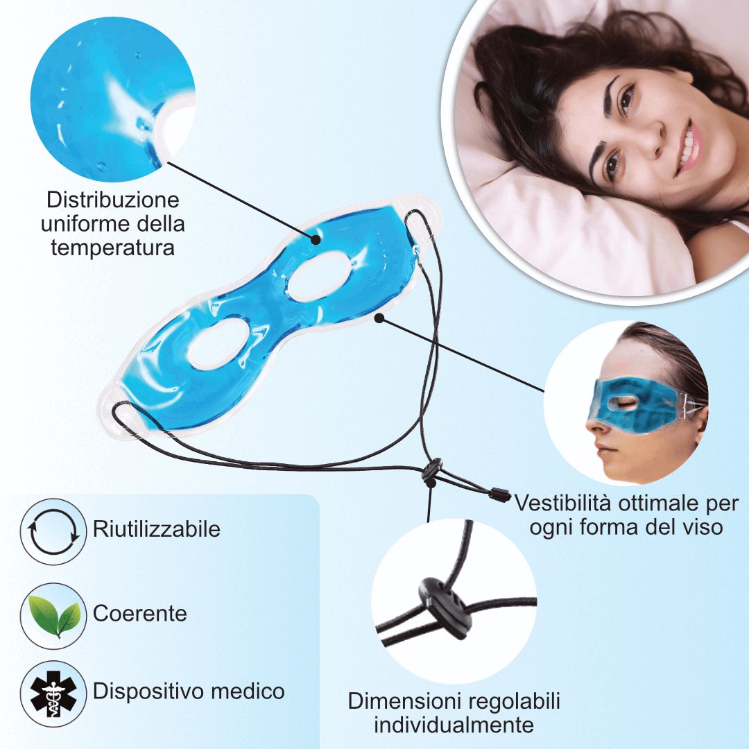 Maschera per occhi blu con cordino regolabile. Riutilizzabile, sostenibile, dispositivo medico. Vestibilità ottimale.