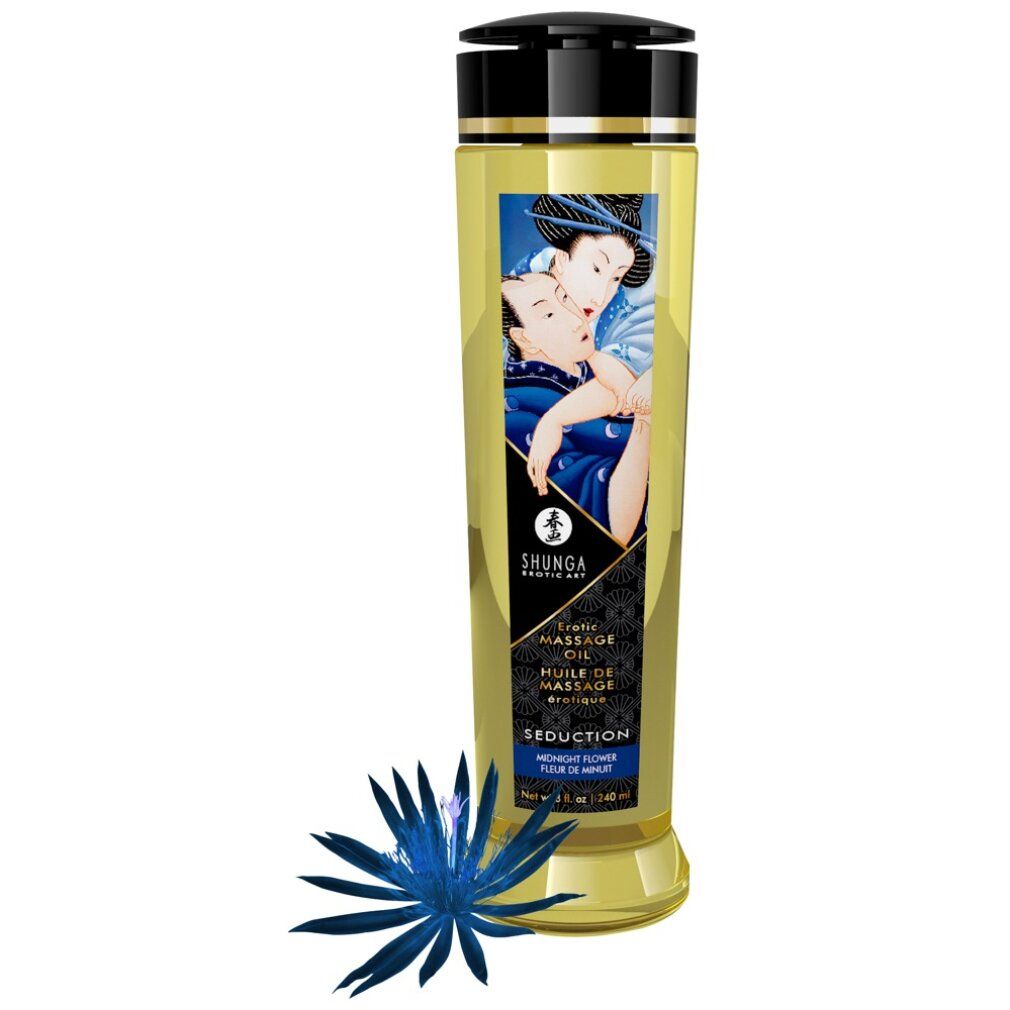 Zylindrische Flasche Massageöl mit blauer Blume. Aufdruck mit Paar. Schwarzer Deckel. Produktname und Volumenangabe.