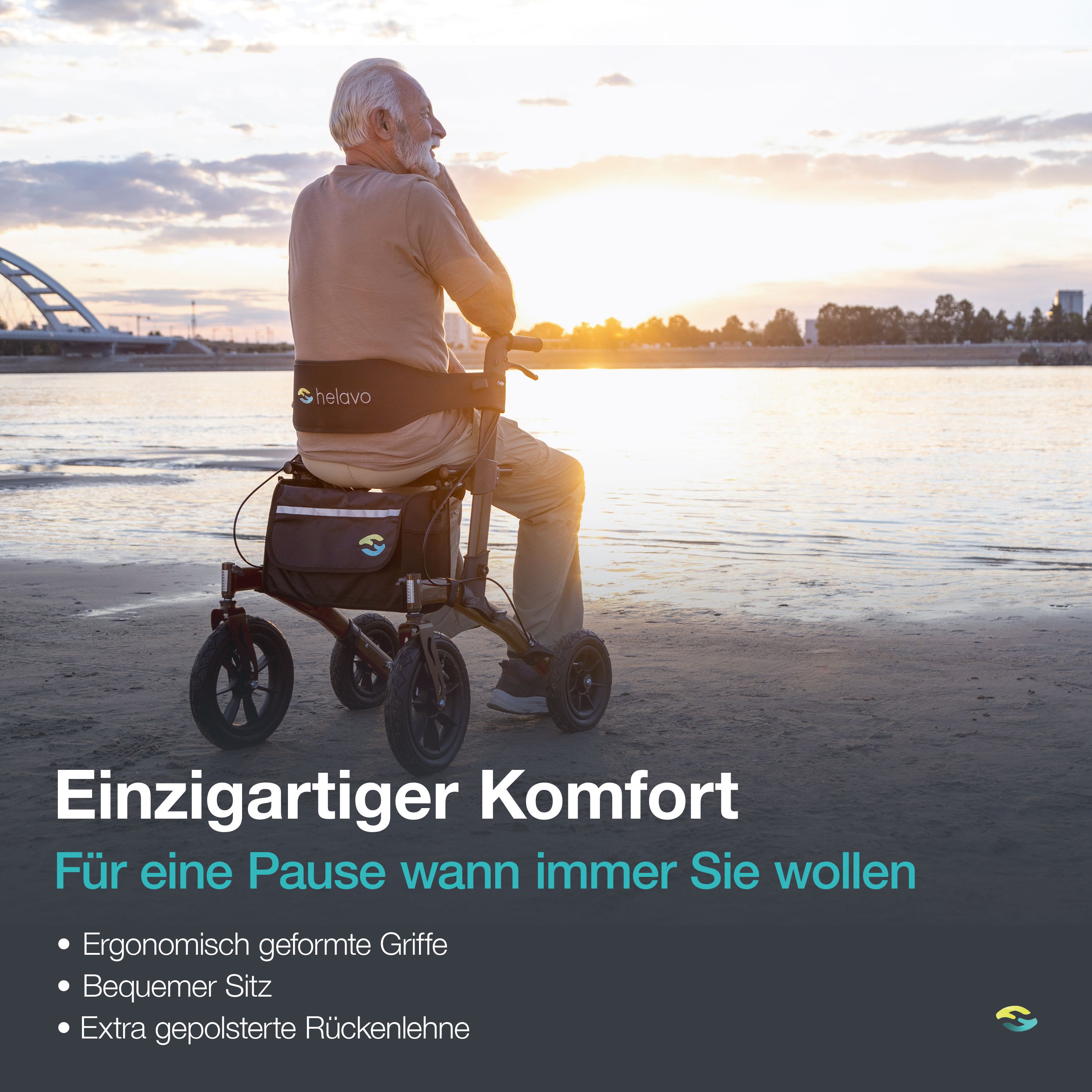 Helavo Outdoor Rollator mit pannensicheren Vollgummireifen faltbar mit Sitz