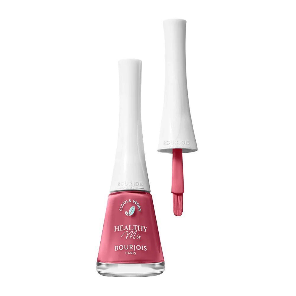 Nagellackflasche mit rosa Inhalt und Pinsel. Weißer Deckel, Aufschrift Healthy Mix und Bourjois. Clean & Vegan.