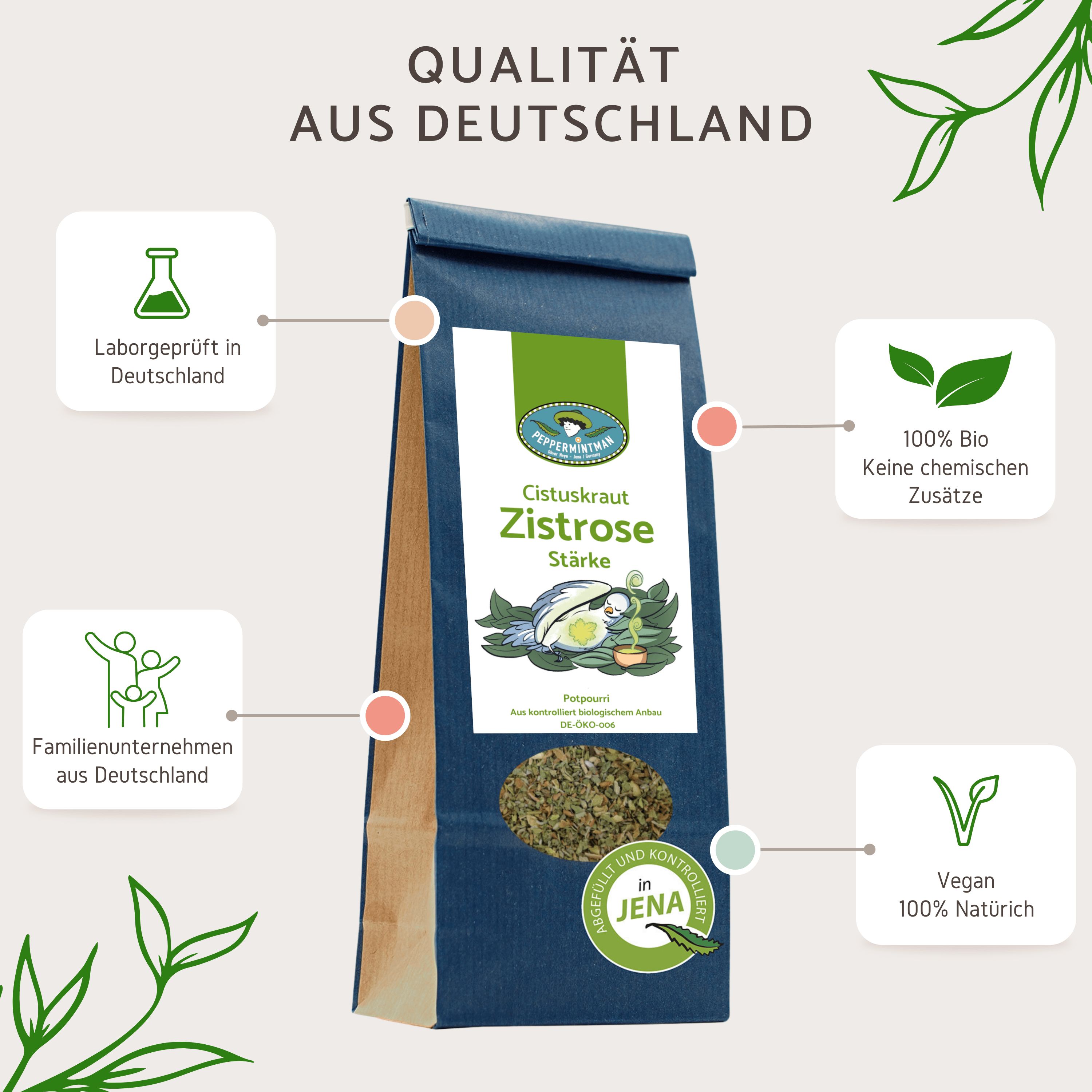 PEPPERMINTMAN Zistrose-Beutel. Blaue Verpackung mit Logo und Produktbezeichnung. Label mit Informationen zu Qualität und Zertifizierungen.
