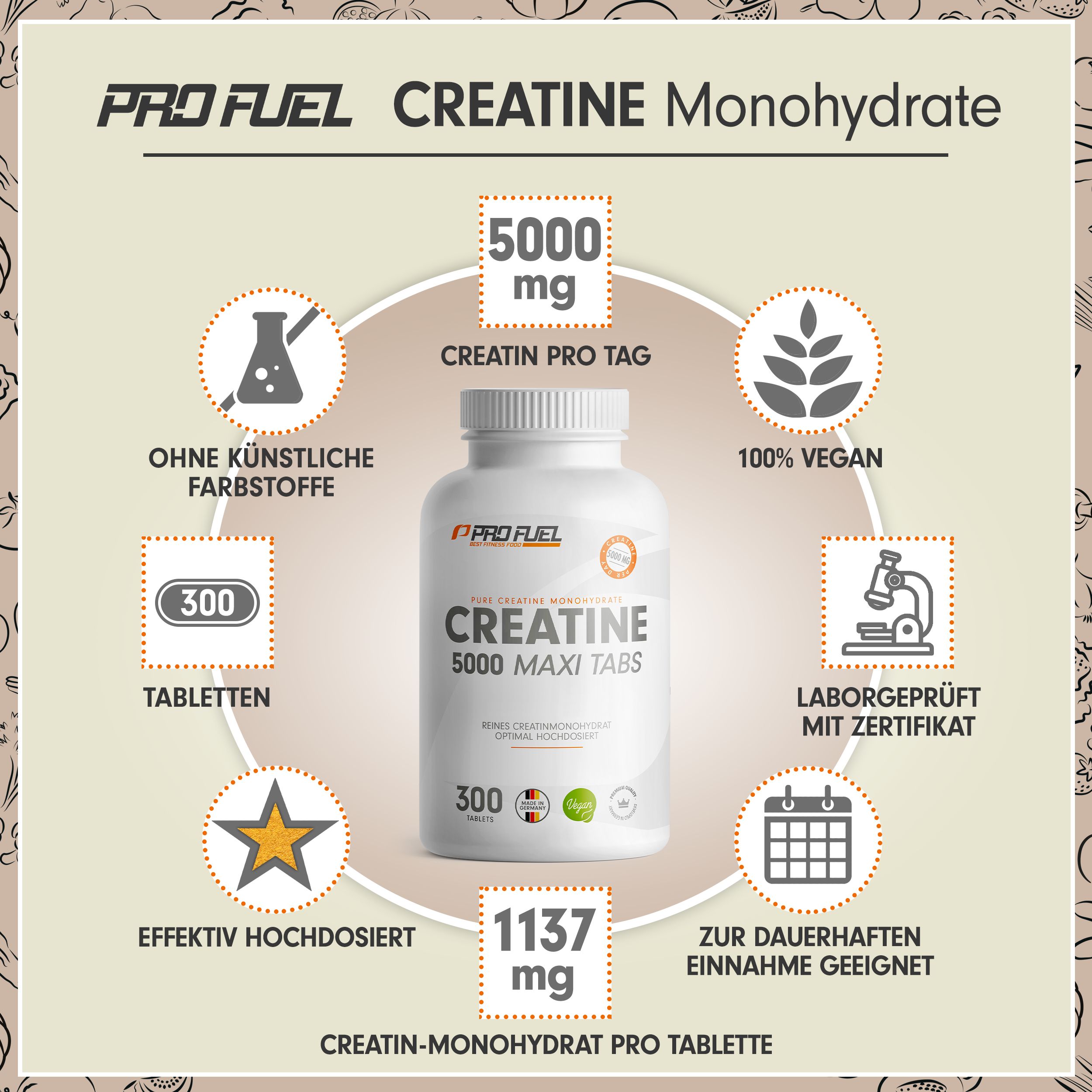 ProFuel Creatine Monohydrate: 300 Tabletten, 5000 mg Creatin pro Tag, 1137 mg pro Tablette, 100% vegan, laborgeprüft.