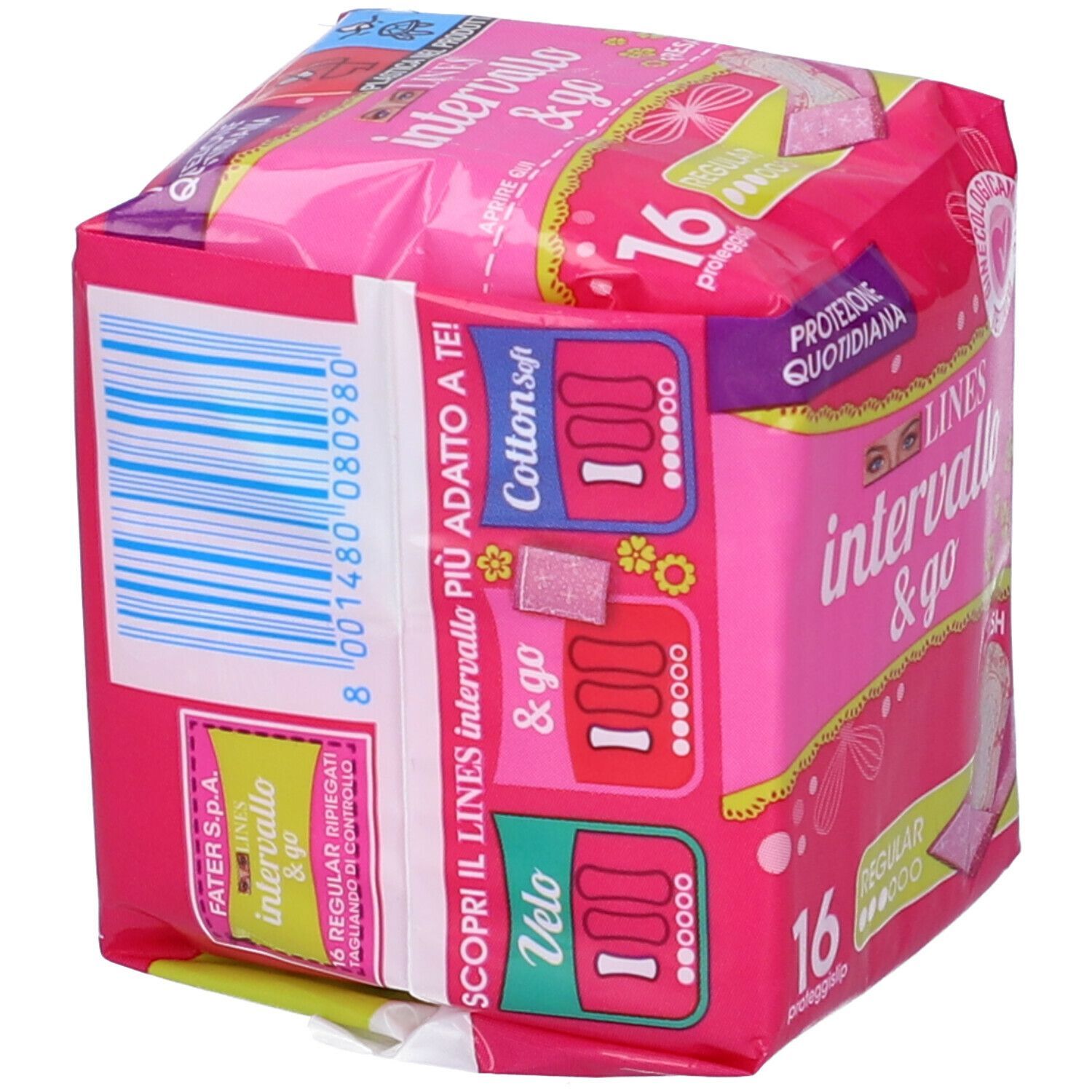 Seitenansicht einer Packung mit 16 Lines Intervallo & Go Einlagen. Zeigt verschiedene Varianten wie Cotton Soft und Velo.