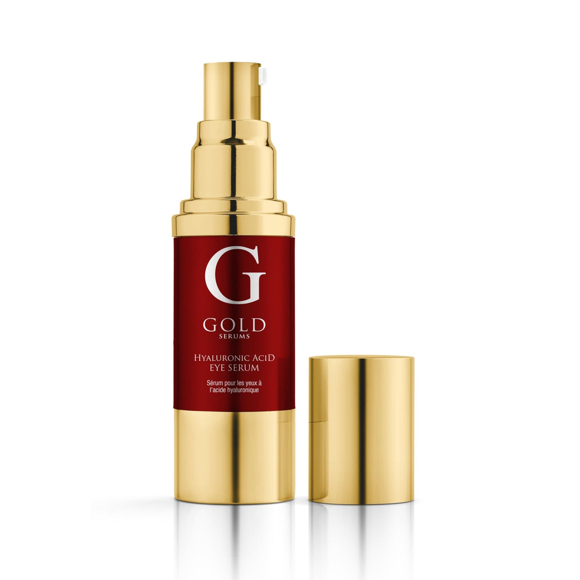 Goldfarbene Flasche mit roter Beschriftung und goldener Kappe. Aufschrift: "G GOLD SERUMS".
