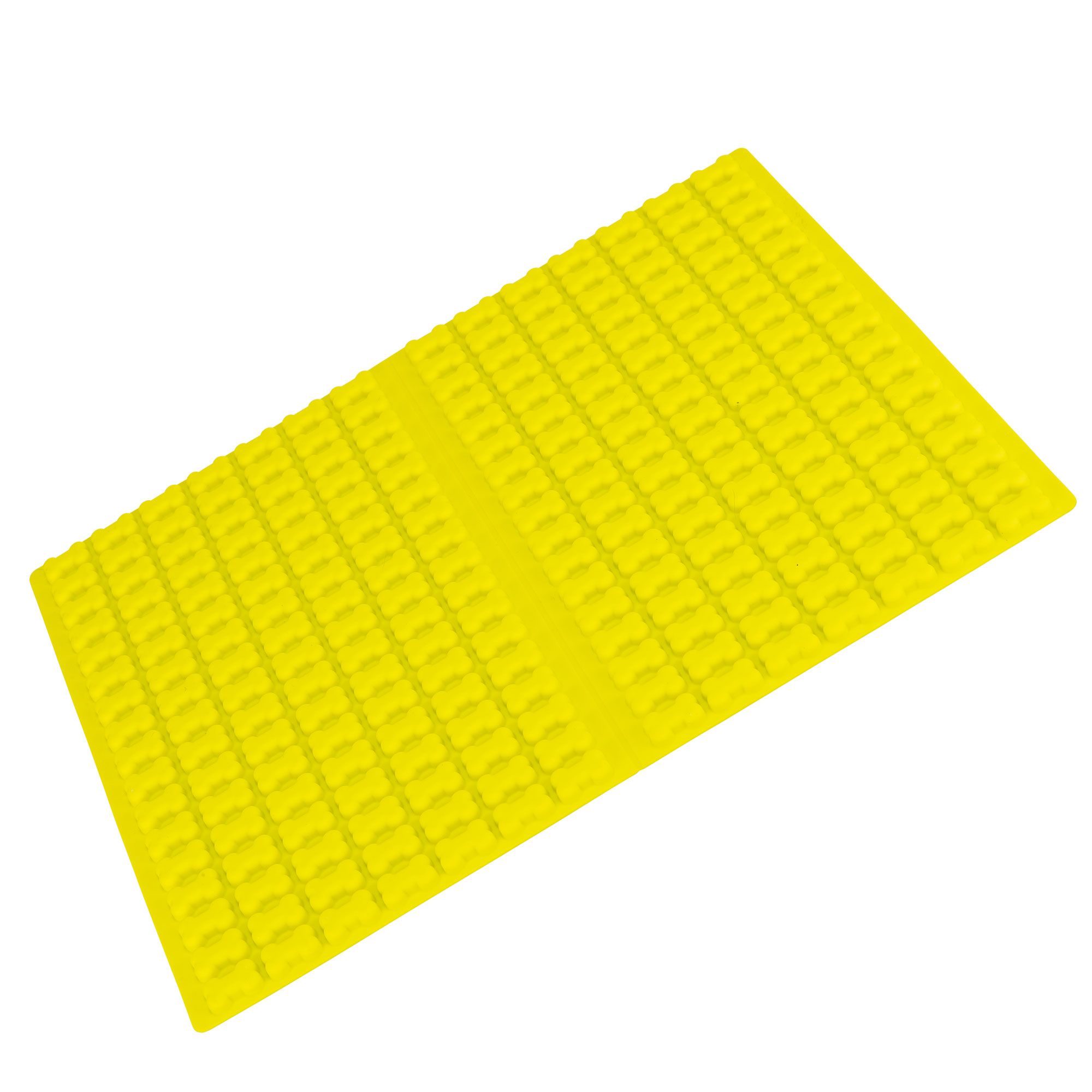 Gelbe Backmatte mit Knochenmuster. Rechteckig, aus Silikon. Mittig geteilt.