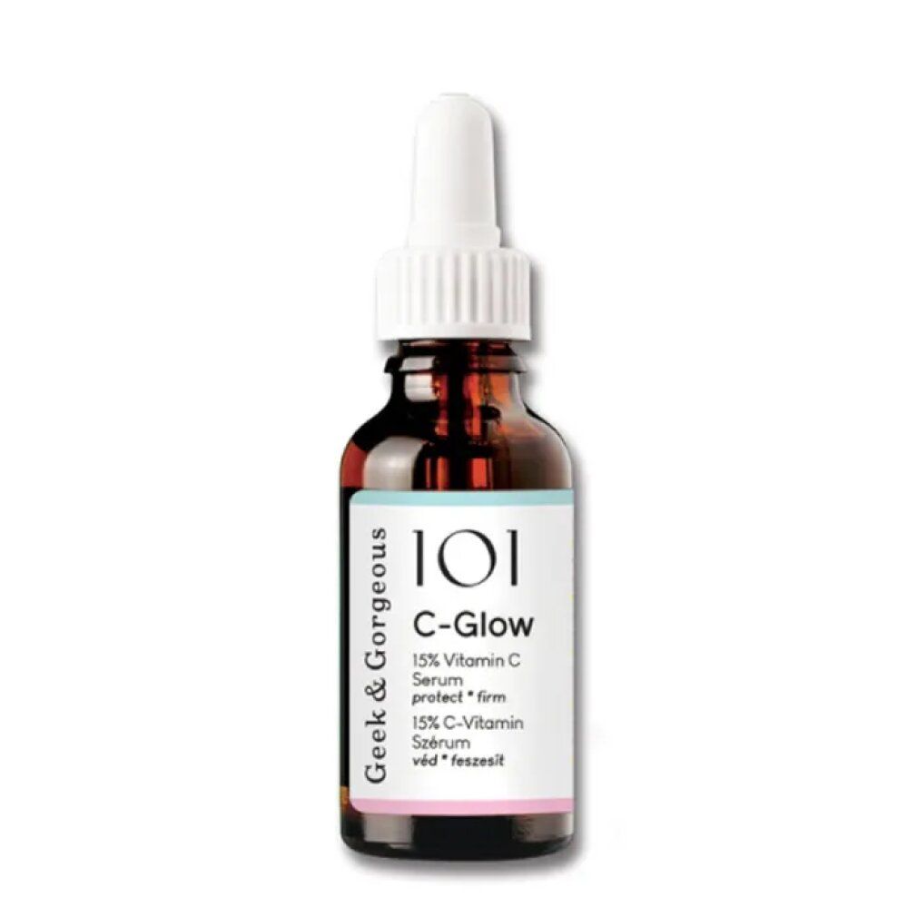 Braune Glasflasche mit weißem Deckel und Pipette. Aufschrift: C-Glow, 15% Vitamin C Serum.