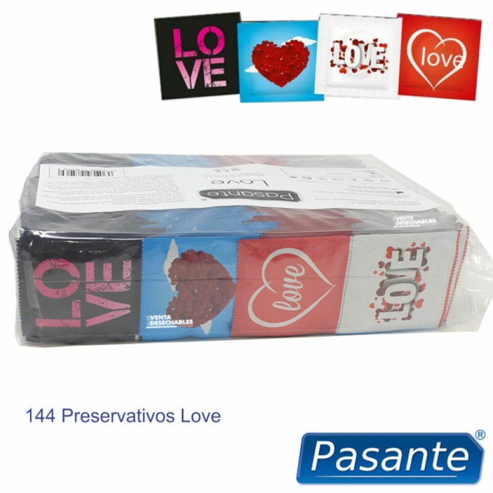 Verpackung mit Kondomen. Aufdruck "144 Preservativos Love". Einzelne Kondomverpackungen mit verschiedenen Designs und dem Wort "LOVE".