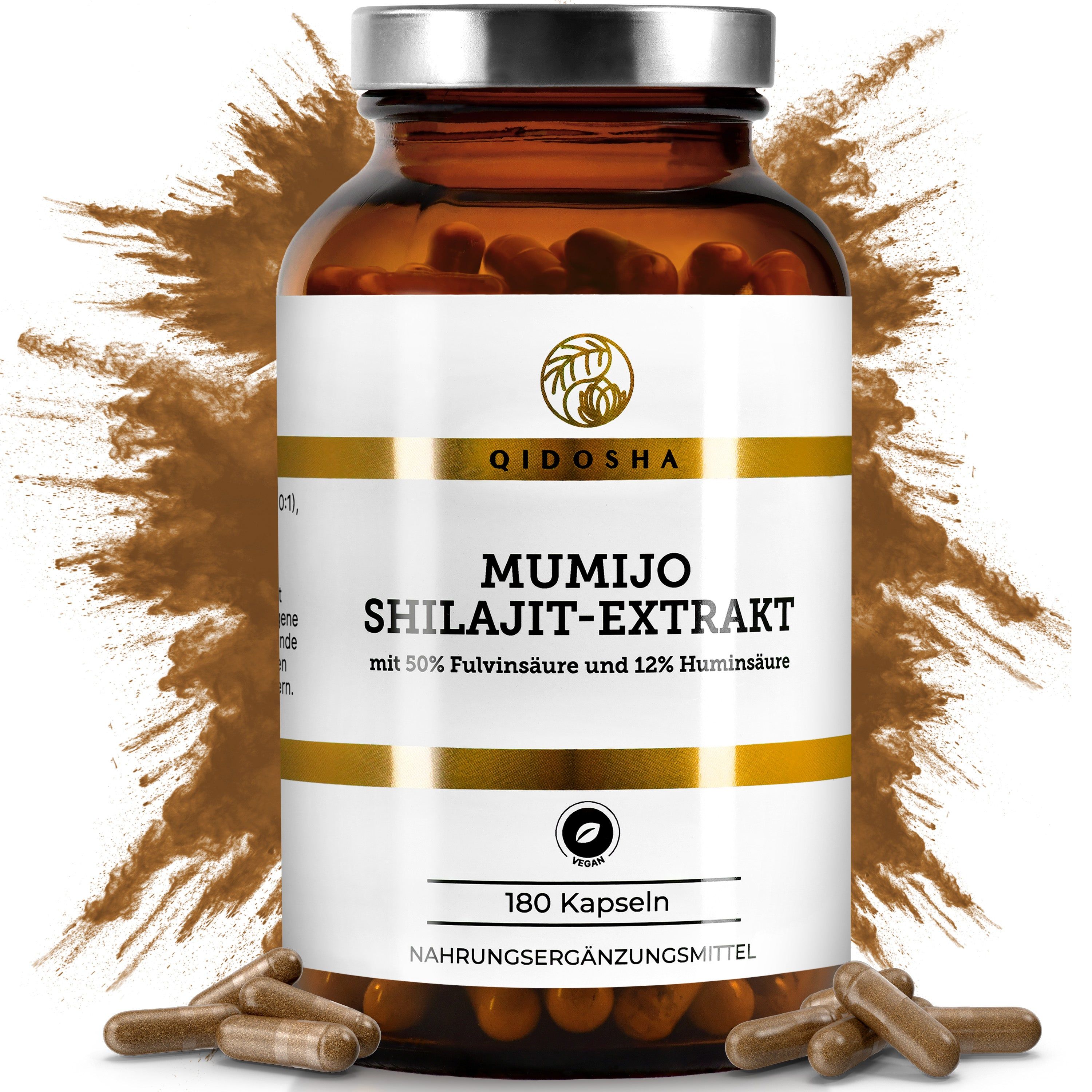 Braune Glasflasche mit Kapseln und braunem Pulver. Aufschrift: QIDOSHA Mumijo Shilajit Extrakt, 180 Kapseln, vegan.