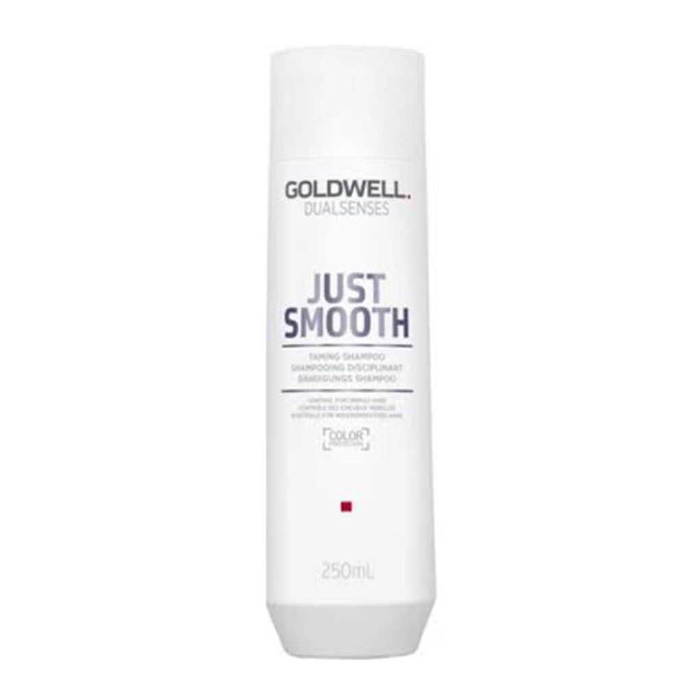 Weiße Flasche mit Goldwell-Logo und Text: JUST SMOOTH Taming Shampoo.