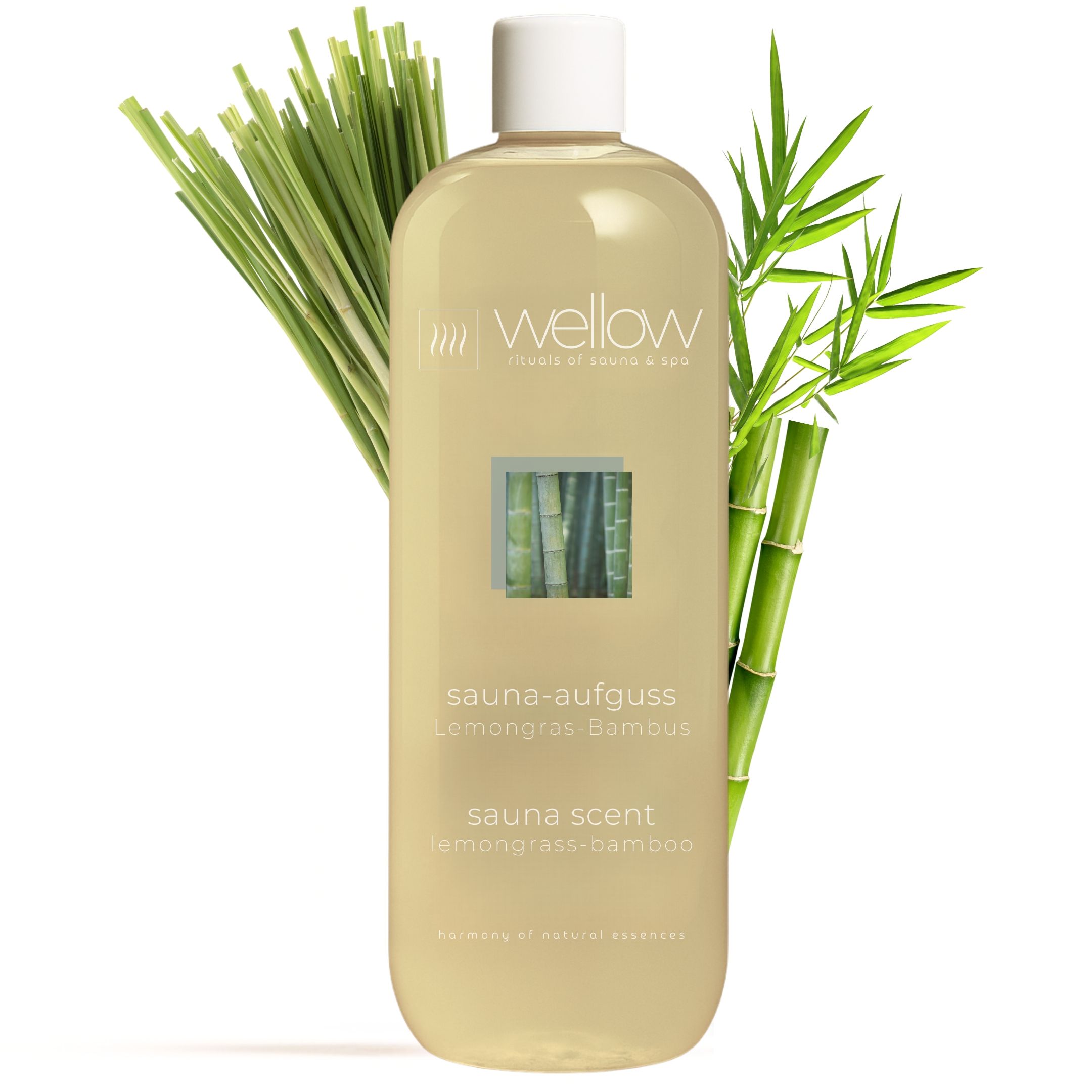 Wellow Sauna-Aufguss Lemongras-Bambus. Flasche mit Produktetikett, Lemongras- und Bambuszweigen.