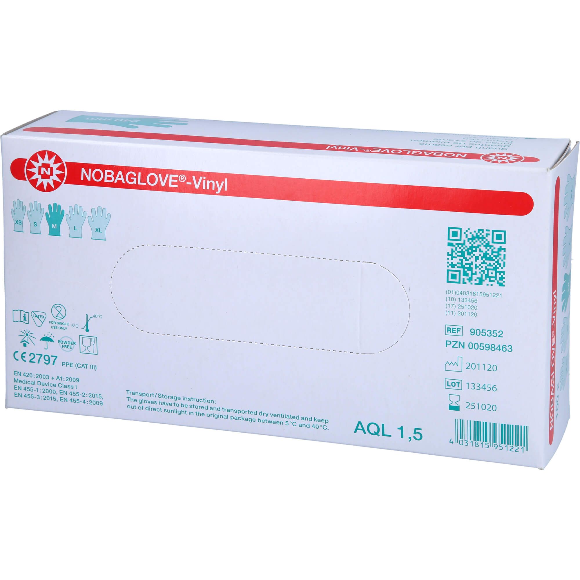 Kartonverpackung mit Produktlogo und -bezeichnung. Enthält Informationen zu Zertifizierungen und technischen Daten. AQL 1,5.