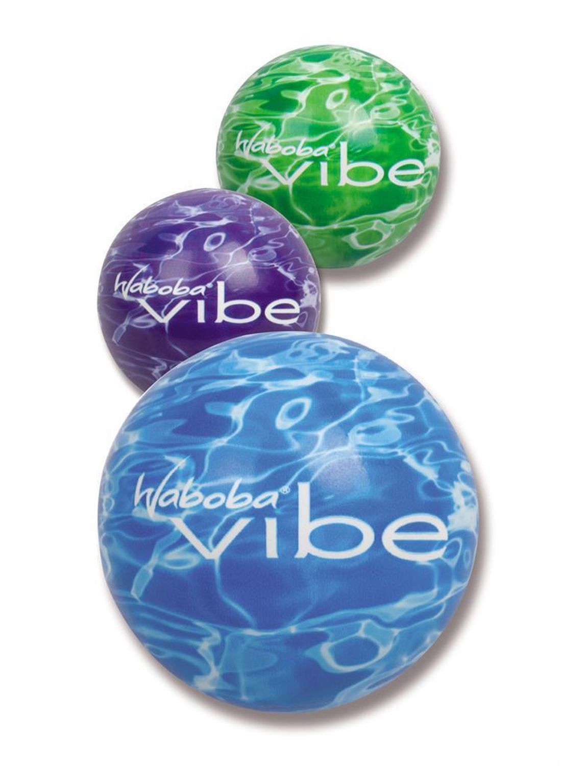 Drei Waboba Vibe Wasserbälle. Blau, grün und lila mit weißem Logo. Wasser-Design.