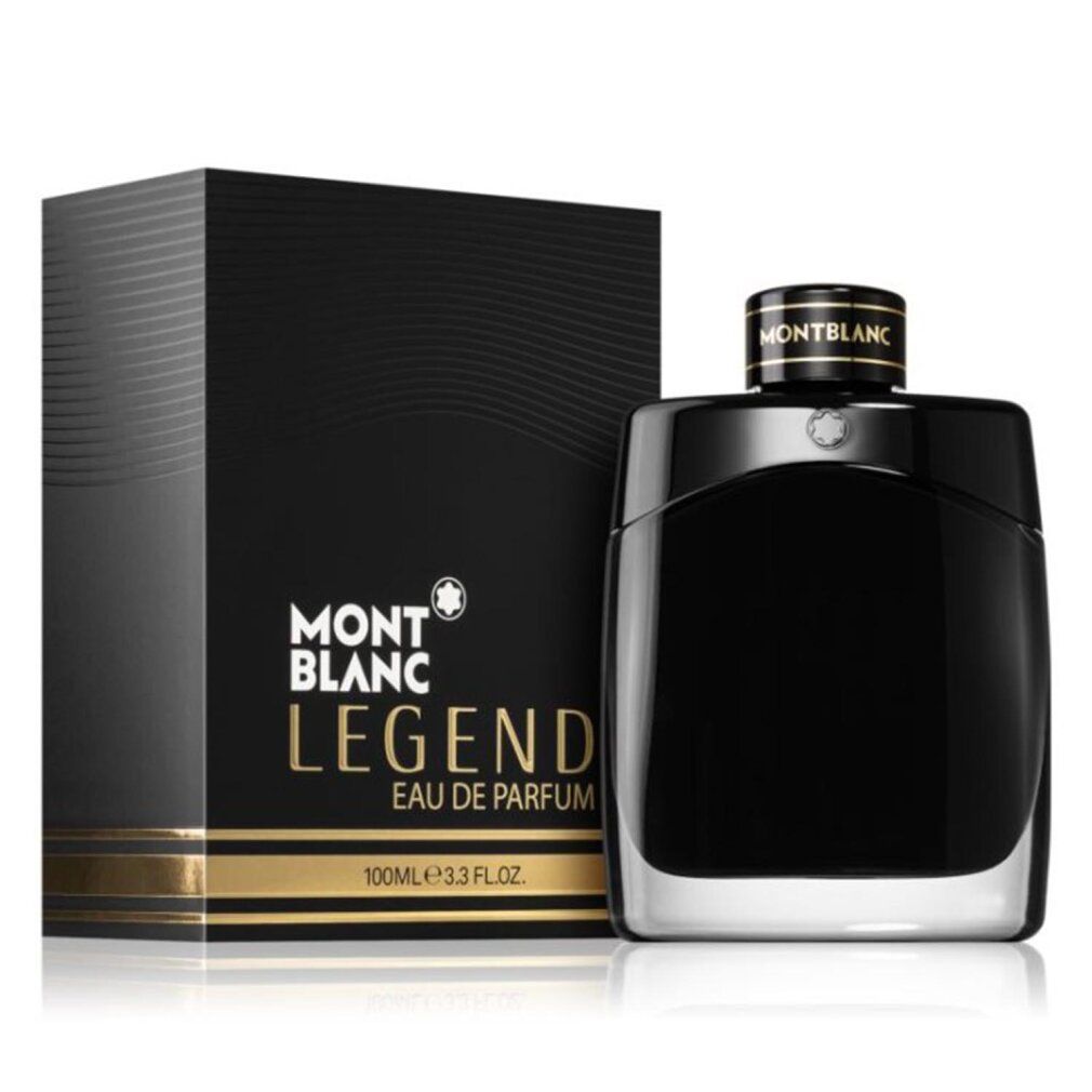 Schwarzer Flakon und Verpackung. Marke MONTBLANC. Aufschrift LEGEND EAU DE PARFUM. Goldfarbene Schrift.