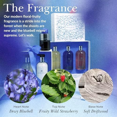 Verschiedene Produkte von Molton Brown. Aufschrift: The Fragrance. Abbildungen von Blaubeeren, Erdbeeren und Holz.