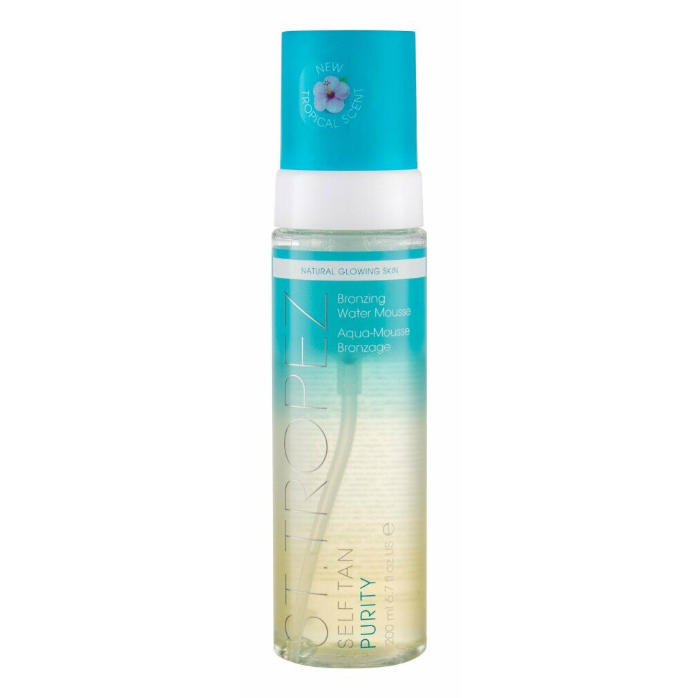 St. Tropez Bronzing Water Mousse Flasche. Türkis-weißer Deckel, transparente Flasche mit Produkt. Text: SELF TAN PURITY.
