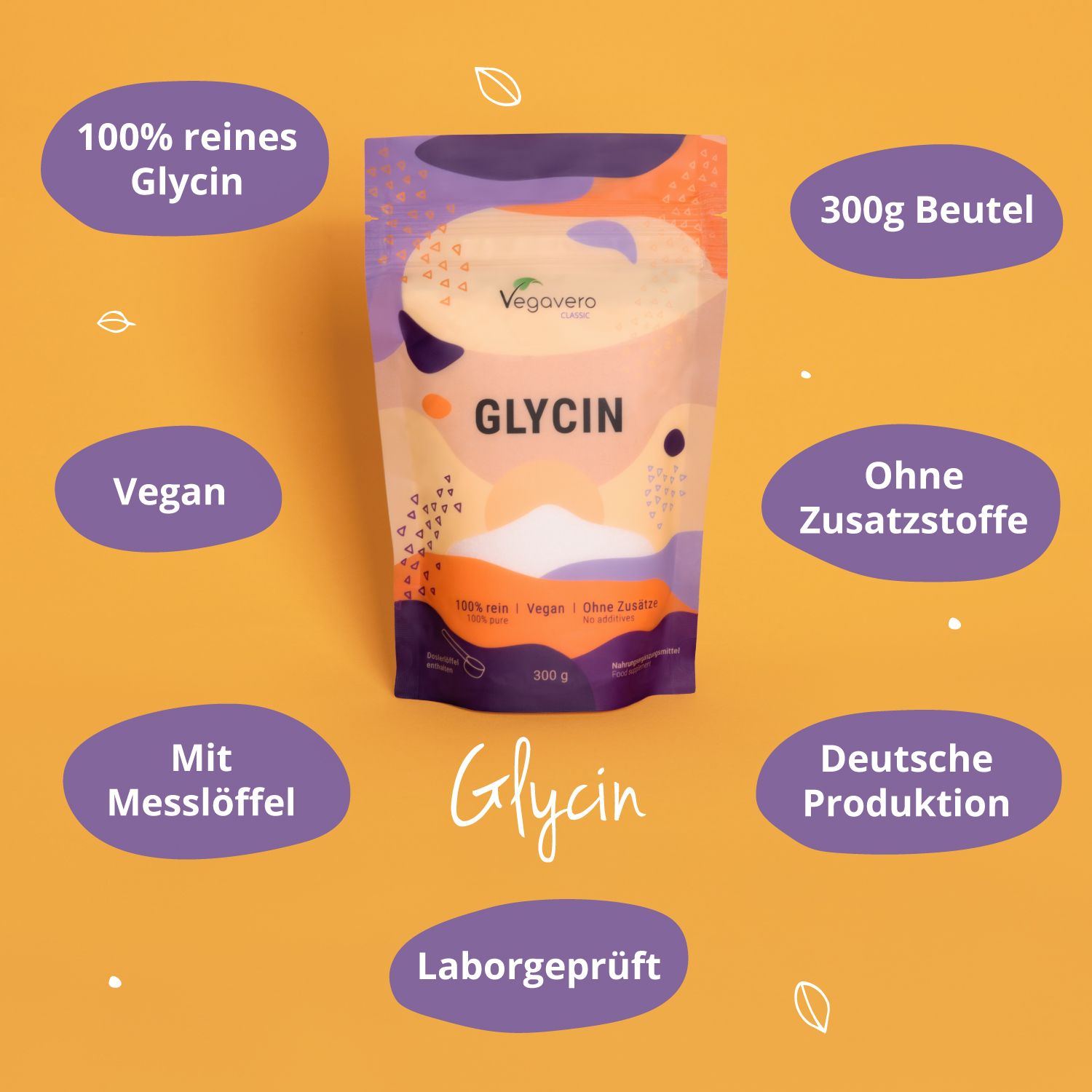Beutel mit Glycin-Pulver, umgeben von Textfeldern. Aufschrift: 100% reines Glycin, vegan, ohne Zusätze, mit Messlöffel, deutsche Produktion, laborgeprüft.