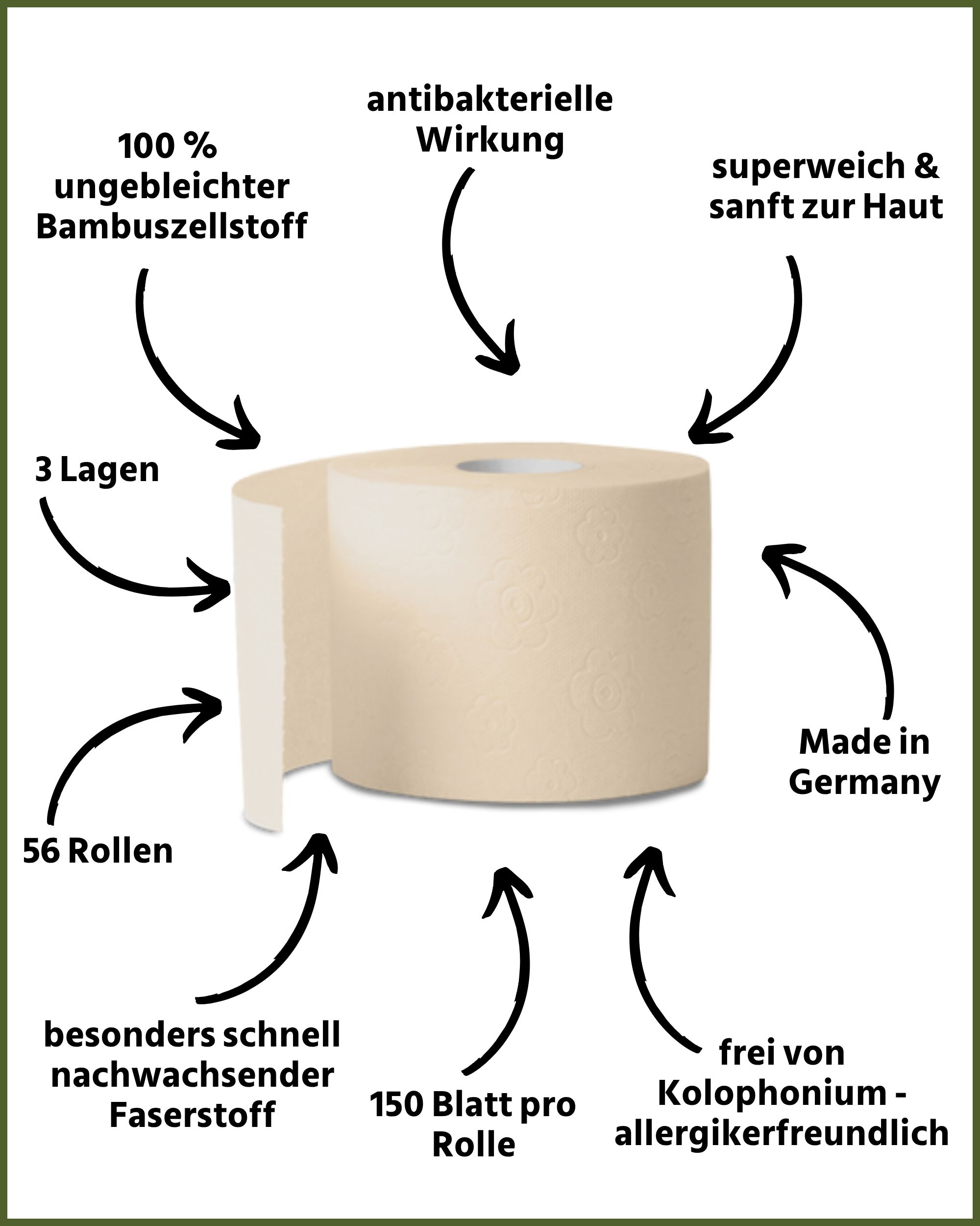 Toilettenpapierrolle, 3-lagig, aus Bambuszellstoff, 56 Rollen. Antibakteriell, superweich, allergenfreundlich, hergestellt in Deutschland.