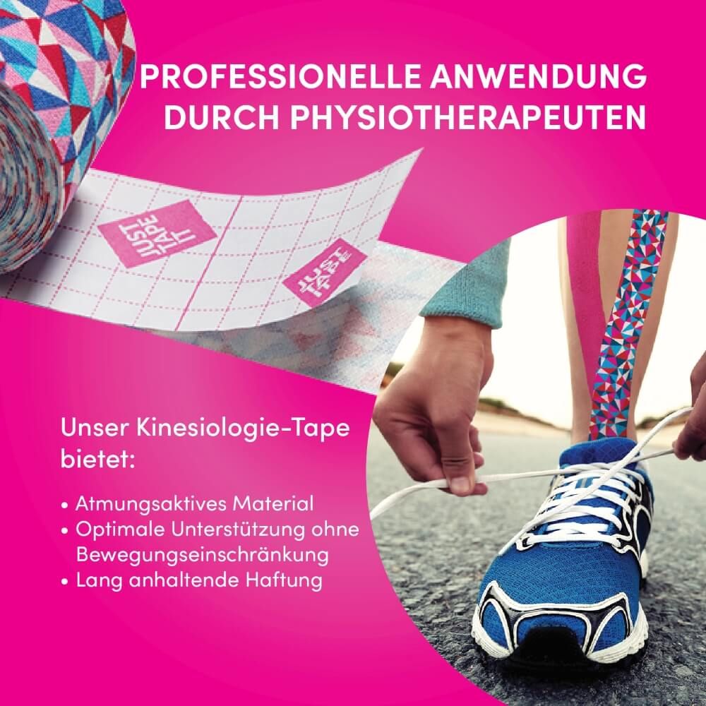 Rolle mit bedrucktem Kinesiotape mit geometrischem Muster in Rot, Blau und Weiß.