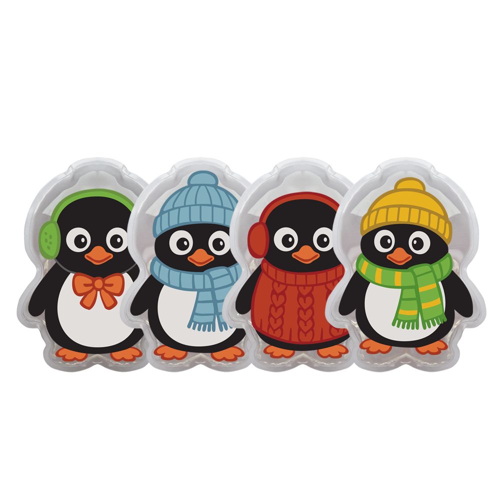 Vier Kalt-Warm-Kompressen in Pinguin-Form. Jeder Pinguin hat ein anderes Outfit: Ohrenschützer, Mütze, Schal und Schleife.
