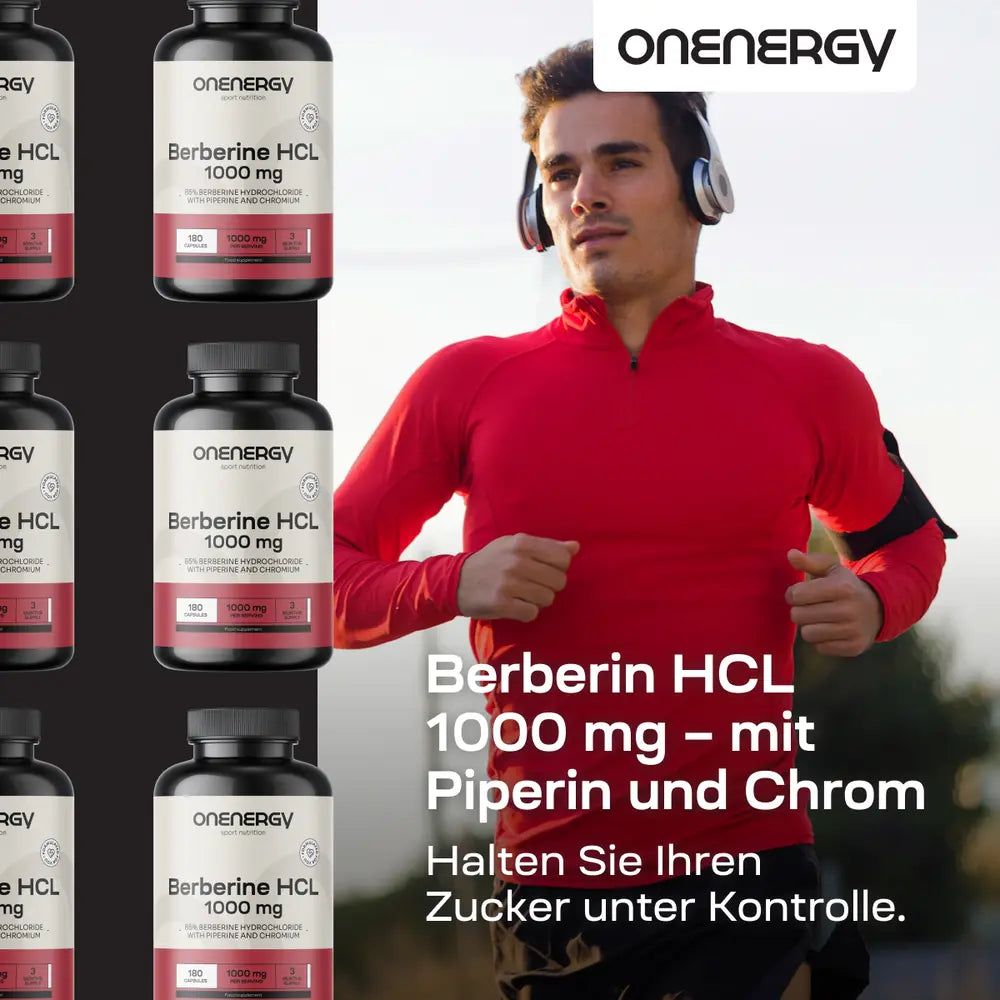 Mann joggt. Hintergrund: OnEnergy Berberin HCL 1000 mg Flaschen. Text: Berberin HCL 1000 mg - mit Piperin und Chrom.