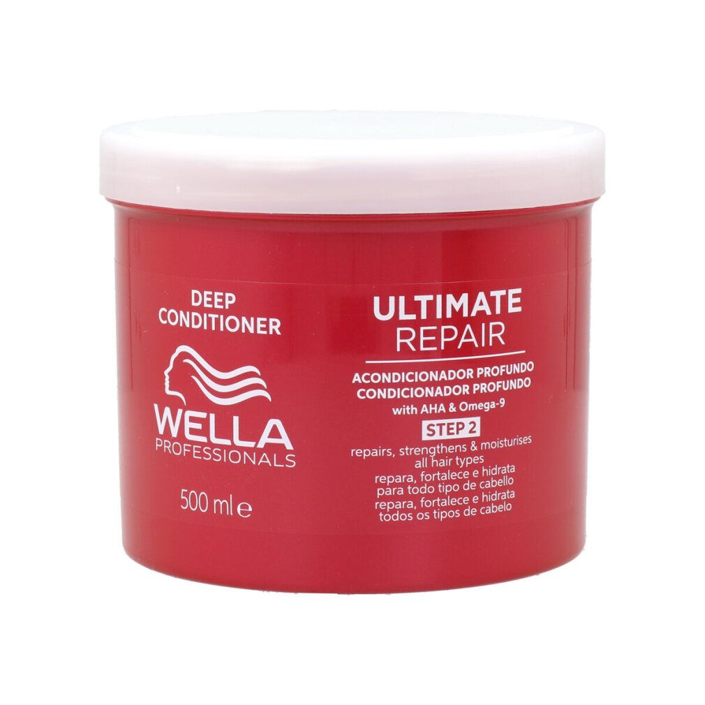 Roter Tiegel mit weißem Deckel. Aufschrift: Wella Professionals, Ultimate Repair Deep Conditioner. 500 ml.