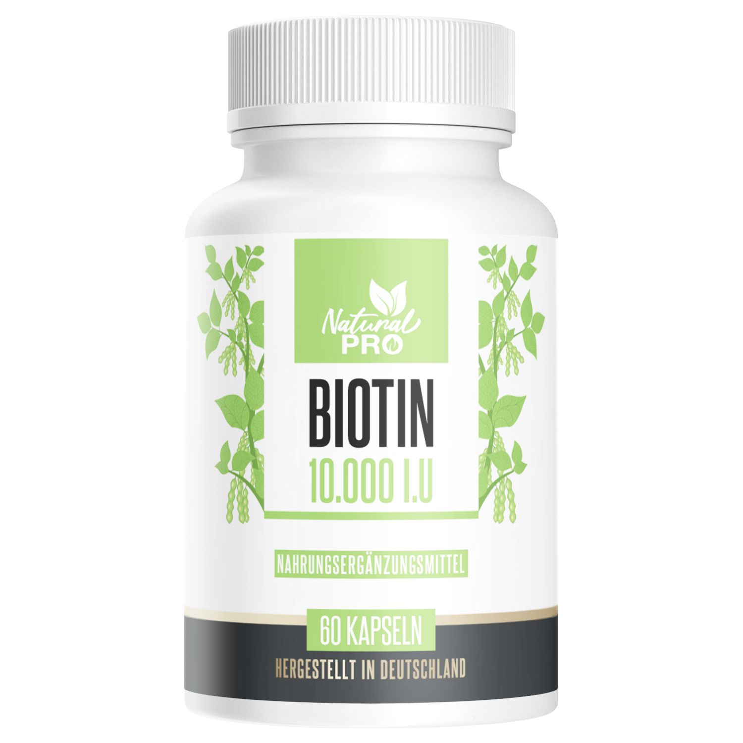 Weiße Flasche mit Schraubverschluss. Aufschrift: Natural Pro Biotin 10.000 I.U. Nahrungsergänzungsmittel. 60 Kapseln. Hergestellt in Deutschland.