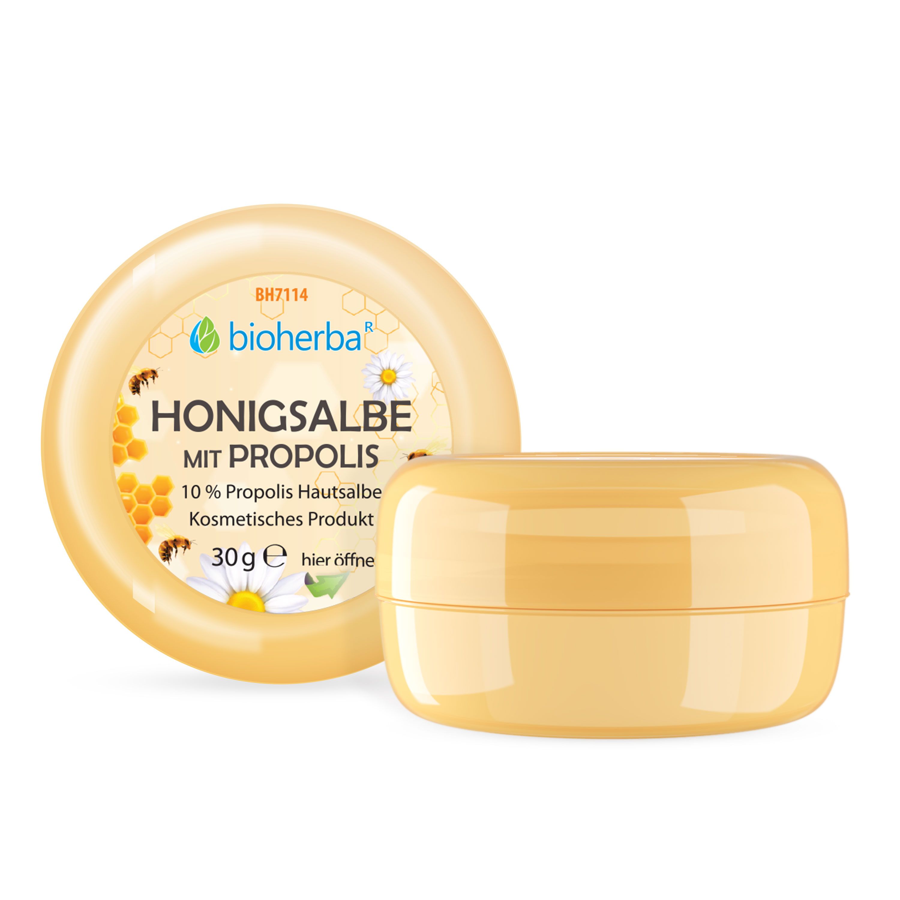Gelbe, runde Dose mit Deckel. Aufschrift: Honigsalbe mit Propolis, 10% Propolis Hautsalbe. Kosmetisches Produkt. 30g. Dose geöffnet.