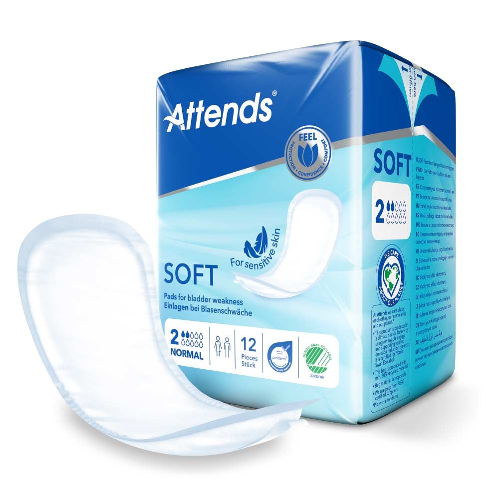 Attends Soft 2 Normal Einlagen. Verpackung und einzelne Einlage. Blaue Verpackung mit Produktabbildung und Logo.