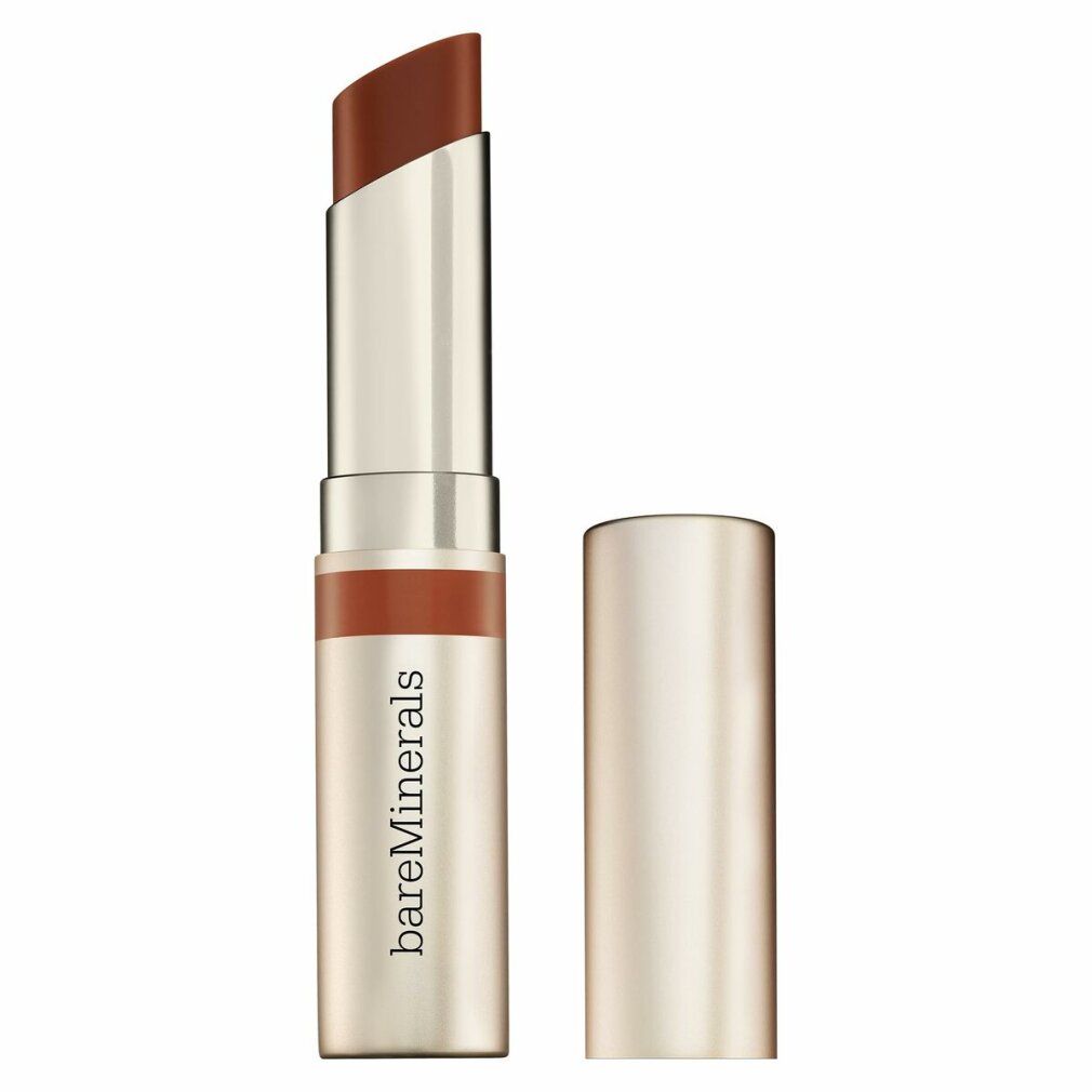 Lippenbalsam in silberfarbener Hülse mit abgenommener Kappe. Der Lippenstift ist teilweise herausgedreht und hat eine braune Farbe. "bareMinerals" ist sichtbar.