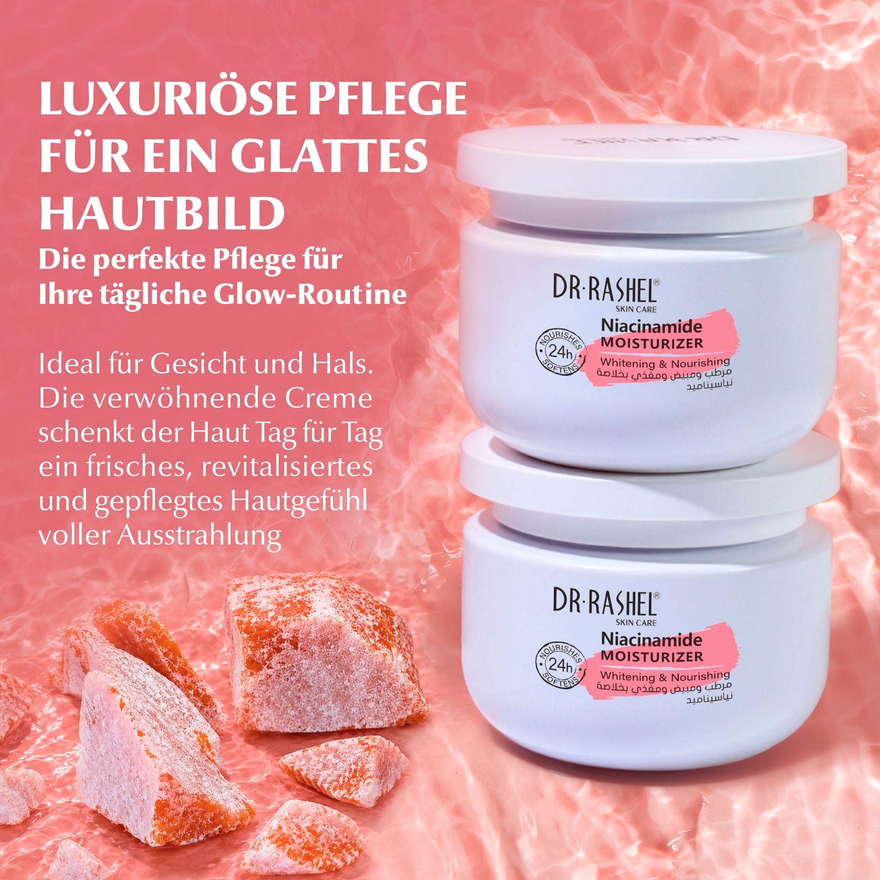 Zwei weiße Tiegel mit DR. RASHEL Niacinamide Moisturizer. Einer ist auf dem anderen gestapelt.