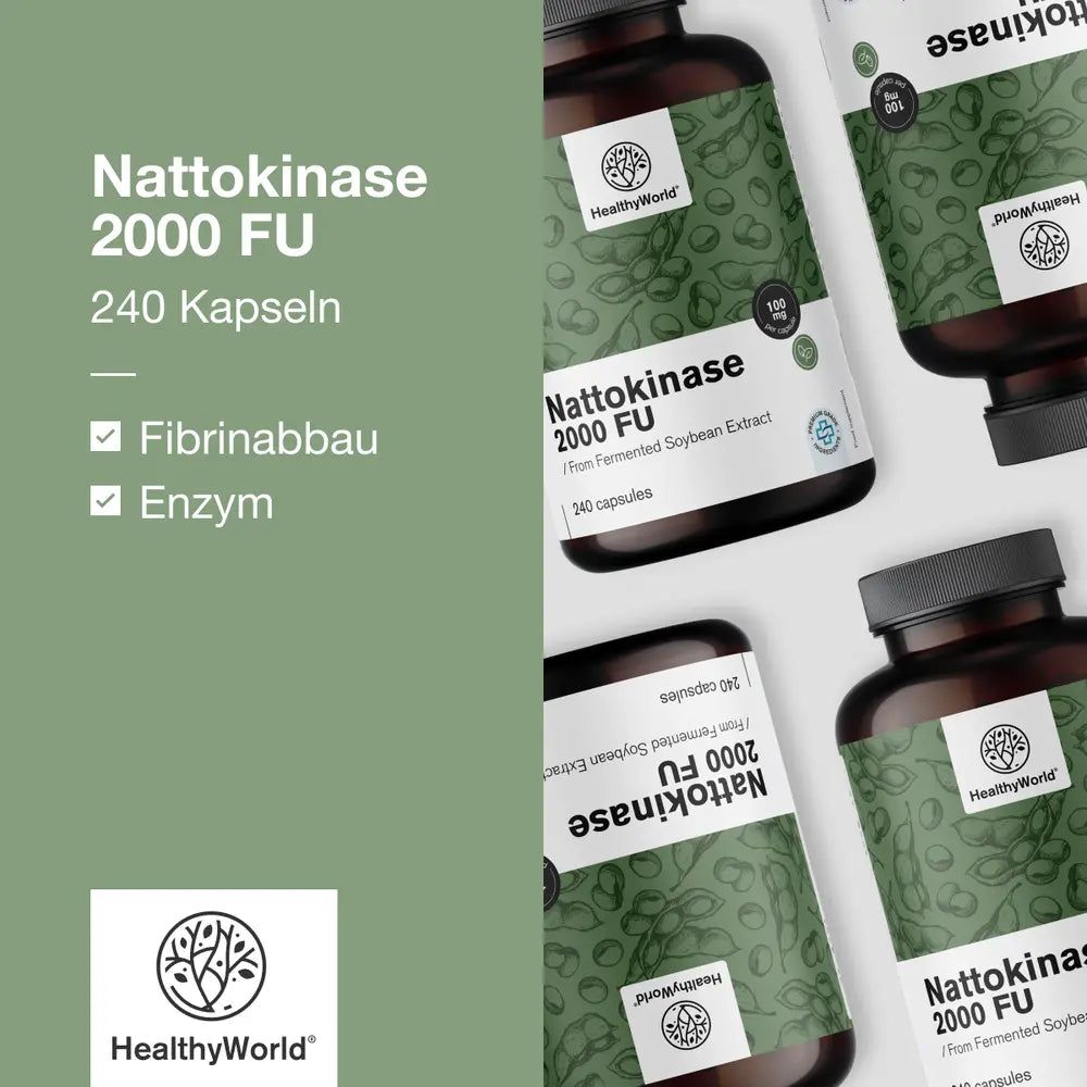 Mehrere Flaschen Nattokinase 2000 FU, 240 Kapseln. Marke: HealthyWorld. Aufschrift: Fibrinabbau, Enzym. Hintergrund: Grün.
