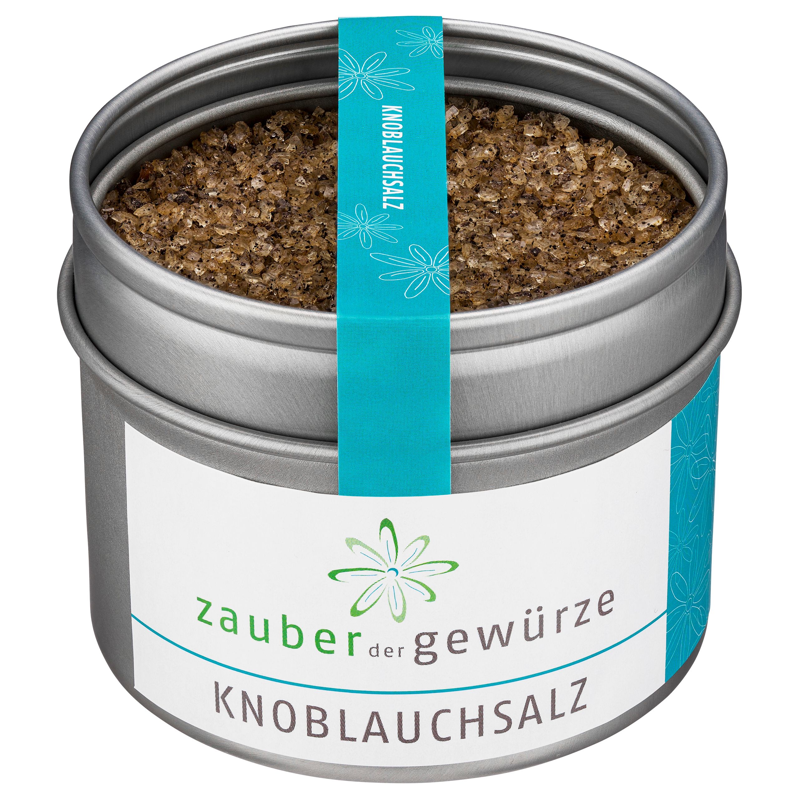 Runde Dose mit Knoblauchsalz. Etikett mit Produktname und Logo. Türkisfarbener Streifen mit Schriftzug. Deckel geöffnet.