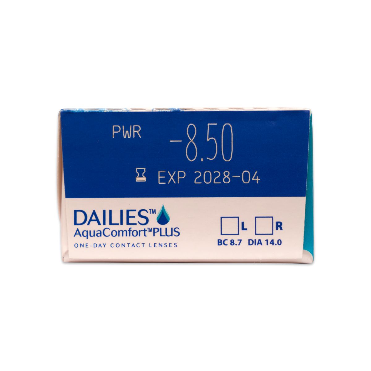 Dailies AquaComfort PLUS Kontaktlinsen-Verpackung. Aufdruck mit Stärke -8.50, Verfallsdatum, BC und DIA.