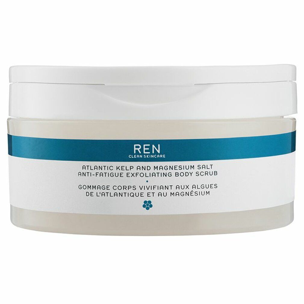 Weißer Tiegel mit blauem Streifen und Produktbezeichnung. Text: Atlantic Kelp & Magnesium Salt Anti-Fatigue Exfoliating Body Scrub.