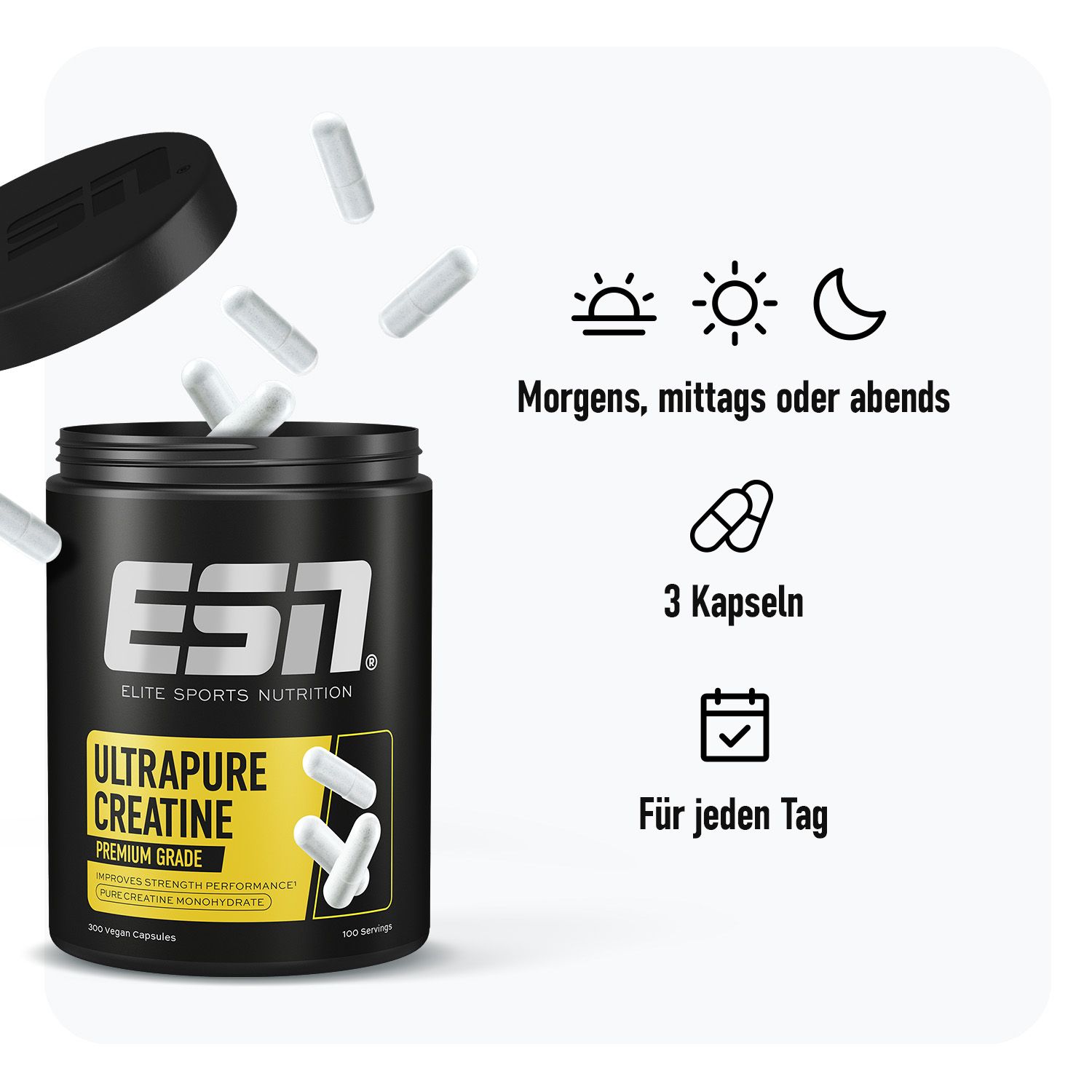 Schwarze Dose mit geöffnetem Deckel und Kapseln. Text: ESN, Ultrapure Creatine. Grafiken: Sonne, Mond, Kapseln, Kalender.