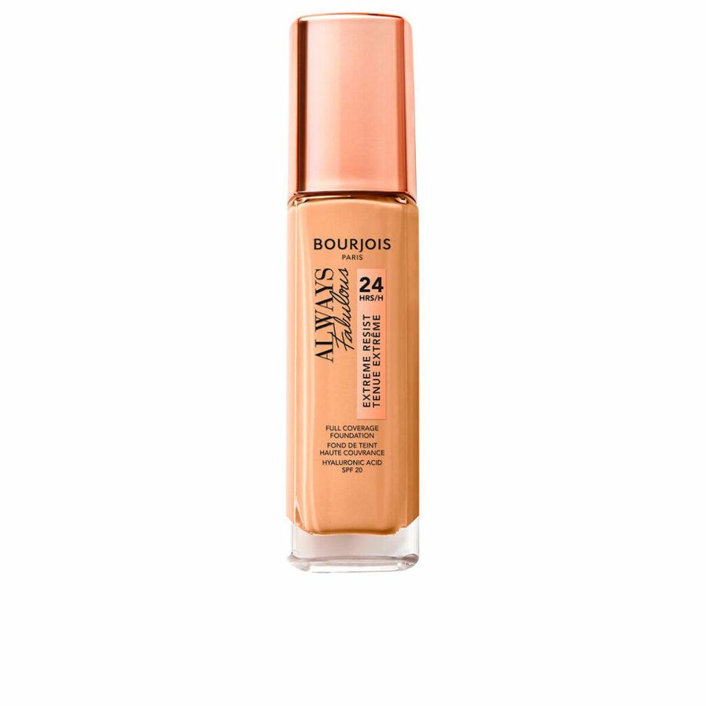 Bourjois Always Fabulous Fondotinta 24H Spf20. Beige Foundation in Glasflasche mit rosafarbenem Deckel. Text auf der Flasche.