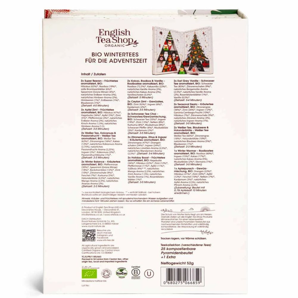 Rückseite des Adventskalenders. Text in mehreren Sprachen. Logo: English Tea Shop Organic. Aufschrift: BIO Wintertees für die Adventszeit.