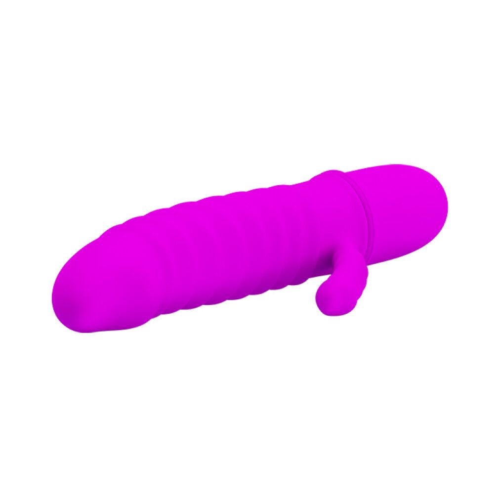 Pinkfarbener Vibrator mit geriffelter Oberfläche und Klitoris-Stimulator. Auf weißem Hintergrund.