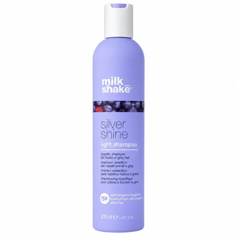 Milchshake Silver Shine Light Shampoo Flasche, 300ml. Lilla Flasche mit weißem Deckel.