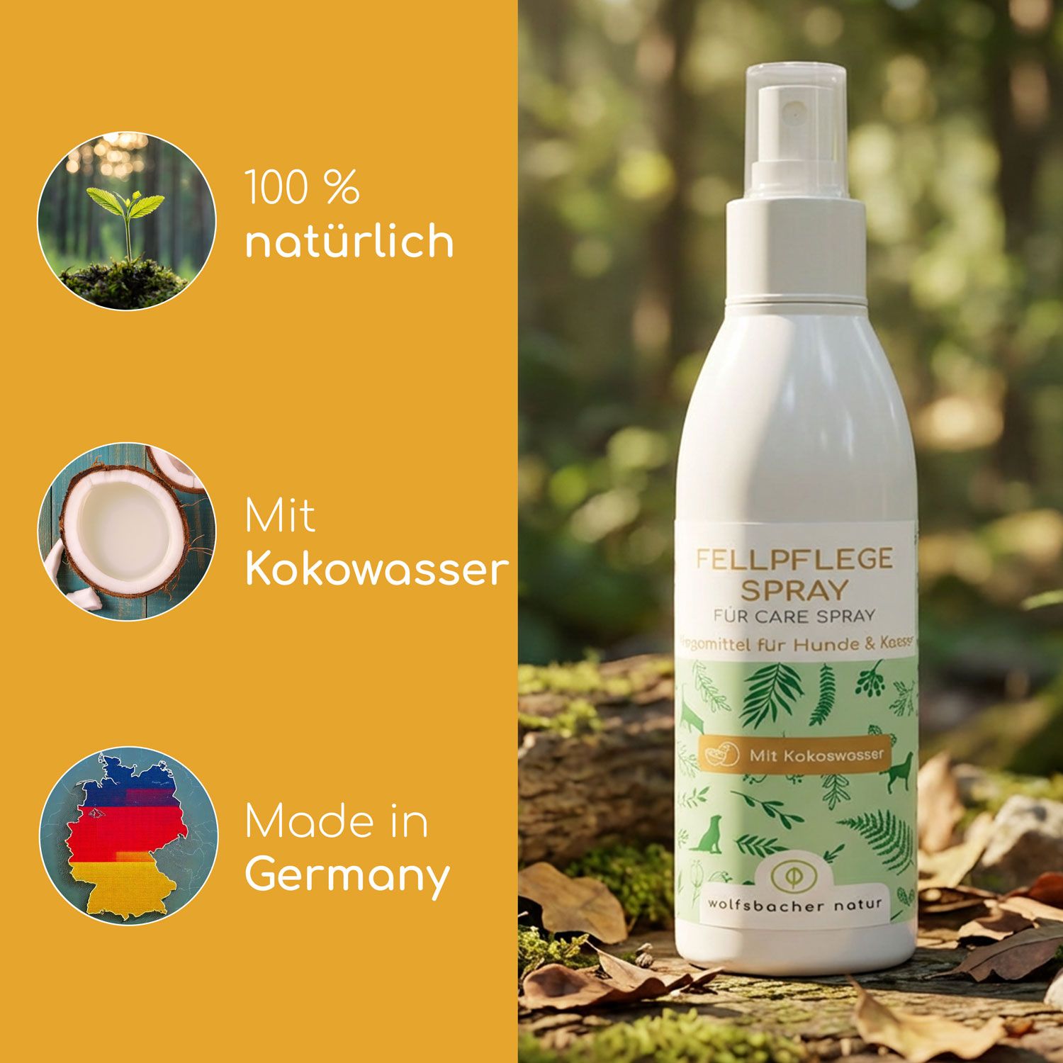 Weiße Sprühflasche mit grünem Etikett. Text: Fellpflege Spray, Fur Care Spray, für Hunde & Katzen. Mit Kokoswasser. Zusätzliche Texte: 100% natürlich, Made in Germany.