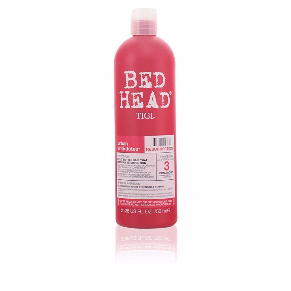 Rote Flasche mit weißem Deckel. Aufschrift: BED HEAD TIGI. Produktname: Resurrection. Text auf Etikett.
