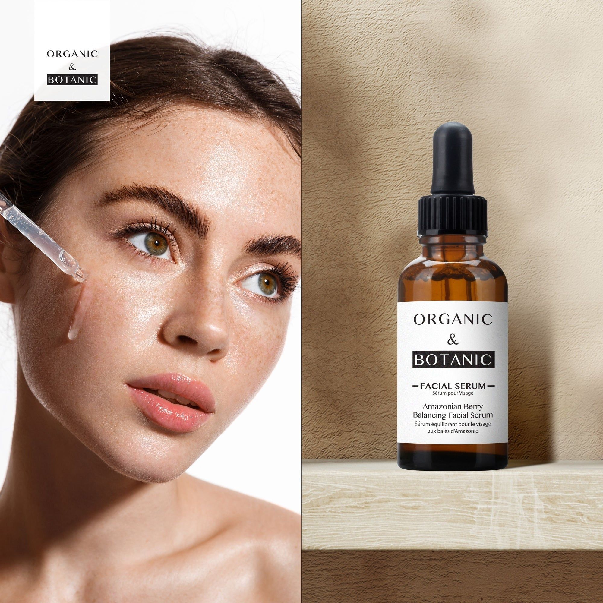Frau mit Serum-Applikator. Braune Glasflasche mit Pipette. Text: "ORGANIC & BOTANIC" und "FACIAL SERUM".