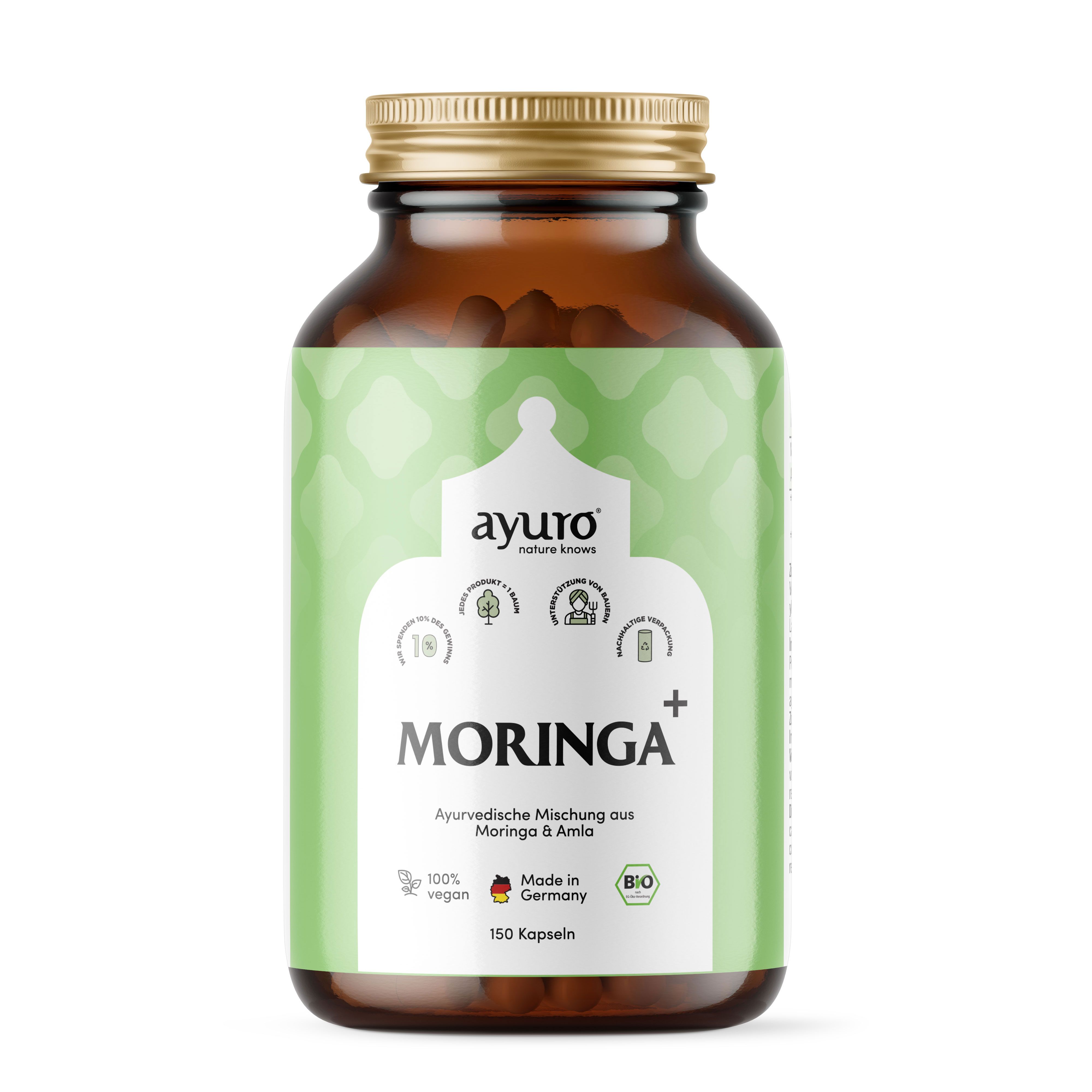 Braune Glasflasche mit goldfarbenem Deckel. Aufschrift MORINGA+ und ayuro Logo. 150 Kapseln, vegan, Bio-Siegel.