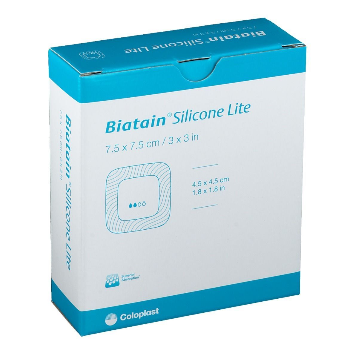 Verpackung von Biatain Silicone Lite. Aufdruck: 7,5 x 7,5 cm / 3 x 3 in. Quadratische Form mit blauen Elementen. Marke Coloplast.