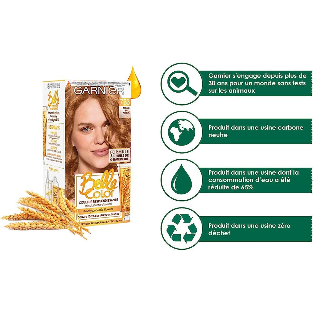 Garnier Belle Color Haarfarbe. Verpackung mit Frau und Weizen. Text: 7.33 Blond Miel Ambré. Umwelt-Informationen.