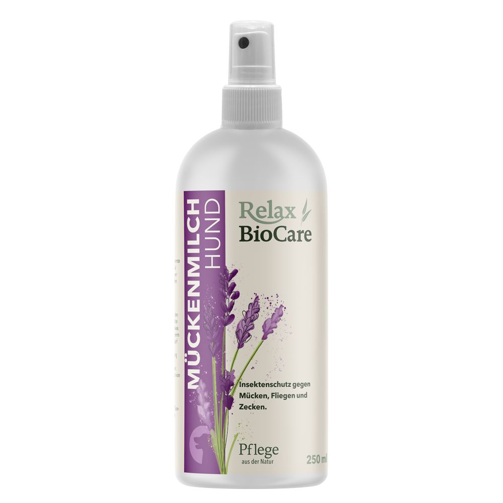 Flasche mit Sprühkopf. Aufschrift: Relax BioCare Mückenmilch Hund. Lavendel-Illustration. Text: Insektenschutz gegen Mücken, Fliegen und Zecken.